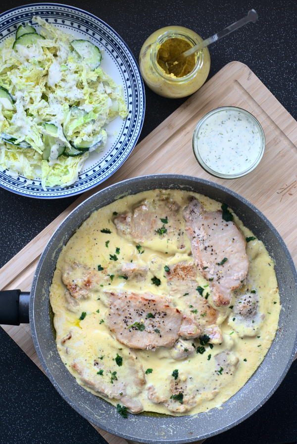 pork chops in mustard & savoy cabbage salad with horseradish sauce